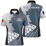Polo billard bleu et gris hexagonal homme avec triangle de billes et drapeau France, prénom et équipe personnalisés