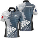 Polo billard bleu et gris hexagonal homme avec triangle de billes et drapeau France, prénom et équipe personnalisés