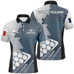 Polo billard bleu et gris hexagonal homme avec triangle de billes et drapeau France, prénom et équipe personnalisés