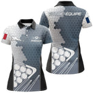 Polo billard bleu et gris femme avec triangle de boules et écusson VOTRE ÉQUIPE, prénom personnalisé