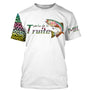T-shirt manches courtes pêche truite écailles, manche peau multicolore et illustration salmonidé, prénom brodé