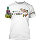 T-shirt manches courtes pêche truite écailles, manche peau multicolore et illustration salmonidé, prénom brodé