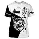 Tenue de pêche silure t-shirt all-over noir et blanc avec silure stylisé et pêcheur en bateau Fish On
