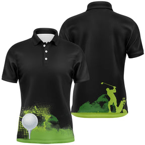 Polo golf noir homme avec motif terrain de golf vert, silhouette golfer en swing et balle blanche