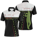 Polo golf noir vert et blanc homme avec inscription GOLFER FOR LIFE et silhouette golfer en swing