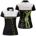 Polo golf noir vert et blanc femme avec motif GOLFER FOR LIFE et figure de golfeuse