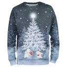 Sweat-shirt Noël bleu unisexe manches longues col rond avec sapin de Noël blanc enneigé et lapins