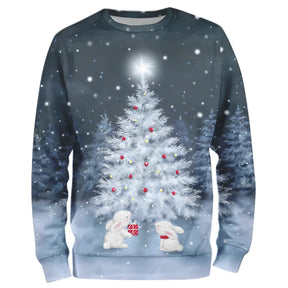 Sweat-shirt Noël bleu unisexe manches longues col rond avec sapin de Noël blanc enneigé et lapins