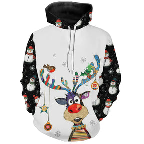 Sweat à capuche Noël blanc et noir unisexe avec renne coloré, bonhommes de neige et décorations hivernales