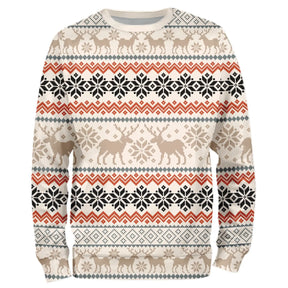 Sweat noël unisexe jacquard nordique beige et orange avec motifs rennes et flocons