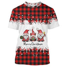 Pull noël variante festive tartan rouge avec trois gnomes et inscription Merry Christmas