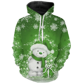 Sweat noël unisexe vert avec petit bonhomme de neige enjoué et cadeau