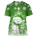 Pull noël variante festive vert avec petit bonhomme de neige enjoué et cadeau