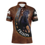 Polo équitation homme cheval Frison effet cuir brun avec frison noir au galop et lettrage FRISON