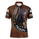 Polo équitation homme cheval Frison effet cuir brun avec frison noir au galop et lettrage FRISON