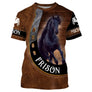 T-shirt cheval Frison personnalisé all-over effet cuir brun avec frison noir au galop et fer à cheval