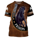 T-shirt cheval Frison personnalisé all-over effet cuir brun avec frison noir au galop et fer à cheval