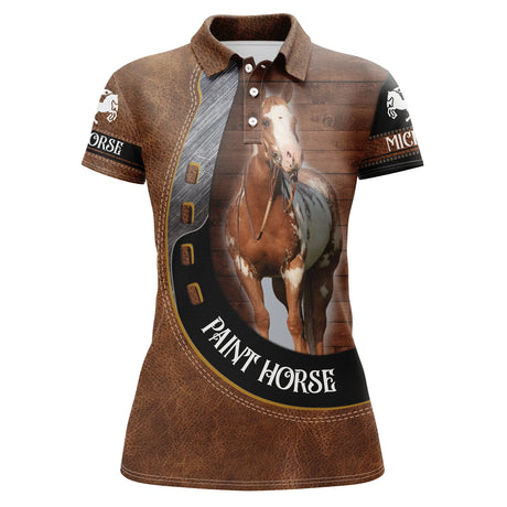 Polo équitation femme Paint Horse effet cuir brun pie marron blanc coupe ajustée féminine