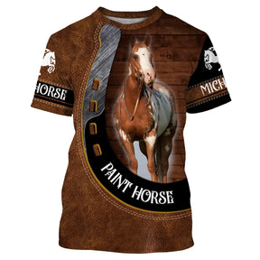 T-shirt cheval Paint Horse personnalisé all-over effet cuir brun avec Paint Horse pie marron blanc fer à cheval