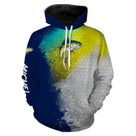 Sweat zippé pêche thon jaune et bleu marine, prénom brodé manche, vêtement halieutique unisexe