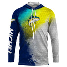 T-shirt anti UV à capuche pêche thon jaune et bleu marine, illustration thon à nageoire jaune en plein saut, prénom brodé