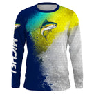 T-shirt anti UV manches longues pêche thon, design jaune doré et bleu marine profond, vêtement halieutique pour pêcheur au