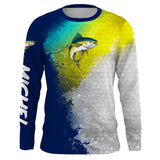 T-shirt anti UV manches longues pêche thon, design jaune doré et bleu marine profond, vêtement halieutique pour pêcheur au