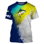 T-shirt manches courtes pêche thon jaune, illustration éclaboussures et thon en action, accessoire personnalisable pour