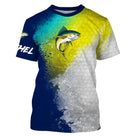 T-shirt manches courtes pêche thon jaune, illustration éclaboussures et thon en action, accessoire personnalisable pour