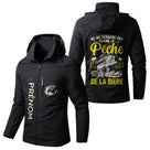 Veste imperméable pêche noire à capuche, slogan Ne me dérange pas quand je pêche et poisson, prénom personnalisé
