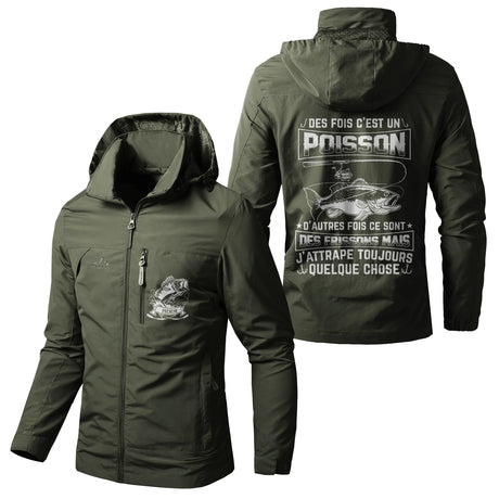 Veste imperméable coupe-vent pêche kaki avec capuche, slogan humour pêche, prénom personnalisé