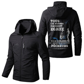 Veste imperméable pêche vert militaire à capuche, slogan Tous les hommes naissent égaux, meilleurs deviennent pêcheurs, pr...