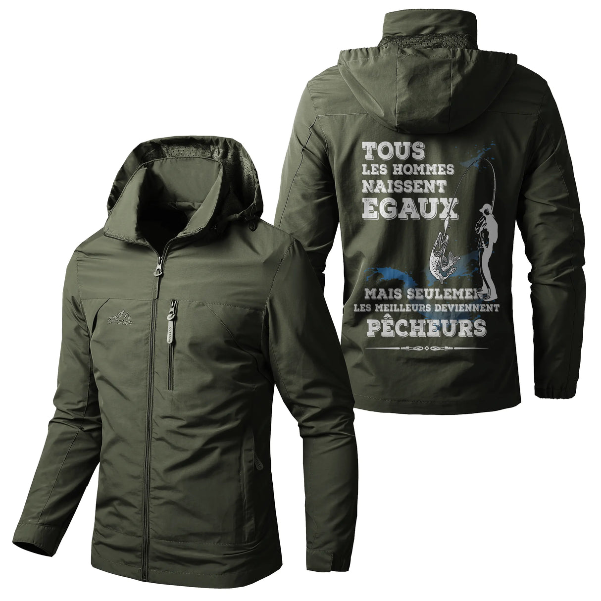 Veste imperméable pêche marine à capuche, slogan Tous les hommes naissent égaux, meilleurs devienne, prénom personnalisé