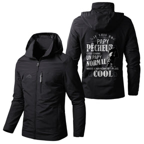Veste imperméable pêche vert militaire à capuche, slogan Papy Pêcheur cool canne petite illustration, prénom personnalisé