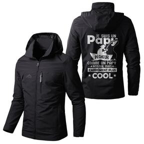 Veste imperméable pêche vert militaire à capuche, slogan Papy Pêcheur cool canne grande illustration, prénom personnalisé