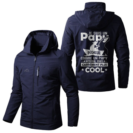Veste imperméable pêche kaki à capuche, slogan Papy Pêcheur cool canne grande illustration, prénom personnalisé