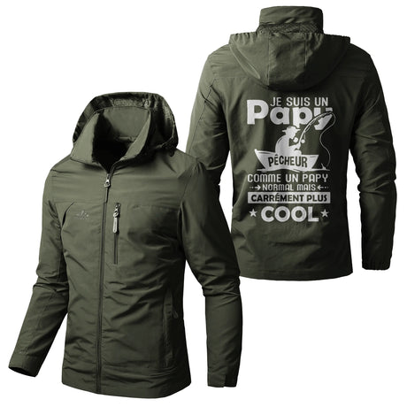 Veste imperméable pêche marine à capuche, slogan Papy Pêcheur cool canne grande illustration, prénom personnalisé