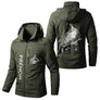 Veste pêche vert militaire à capuche, illustration grande carpe et écusson Carpiste, prénom personnalisé