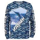 Sweater all-over pêche marlin bleu en saut prénom personnalisé big game fishing
