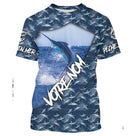 T-shirt all-over pêche marlin bleu en saut camouflage marin prénom personnalisé EN MER PÊCHE, vue de face