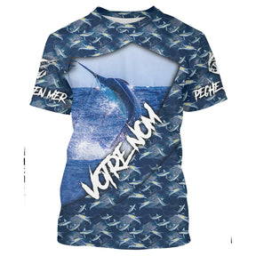 T-shirt all-over pêche marlin bleu en saut camouflage marin prénom personnalisé EN MER PÊCHE, vue de face
