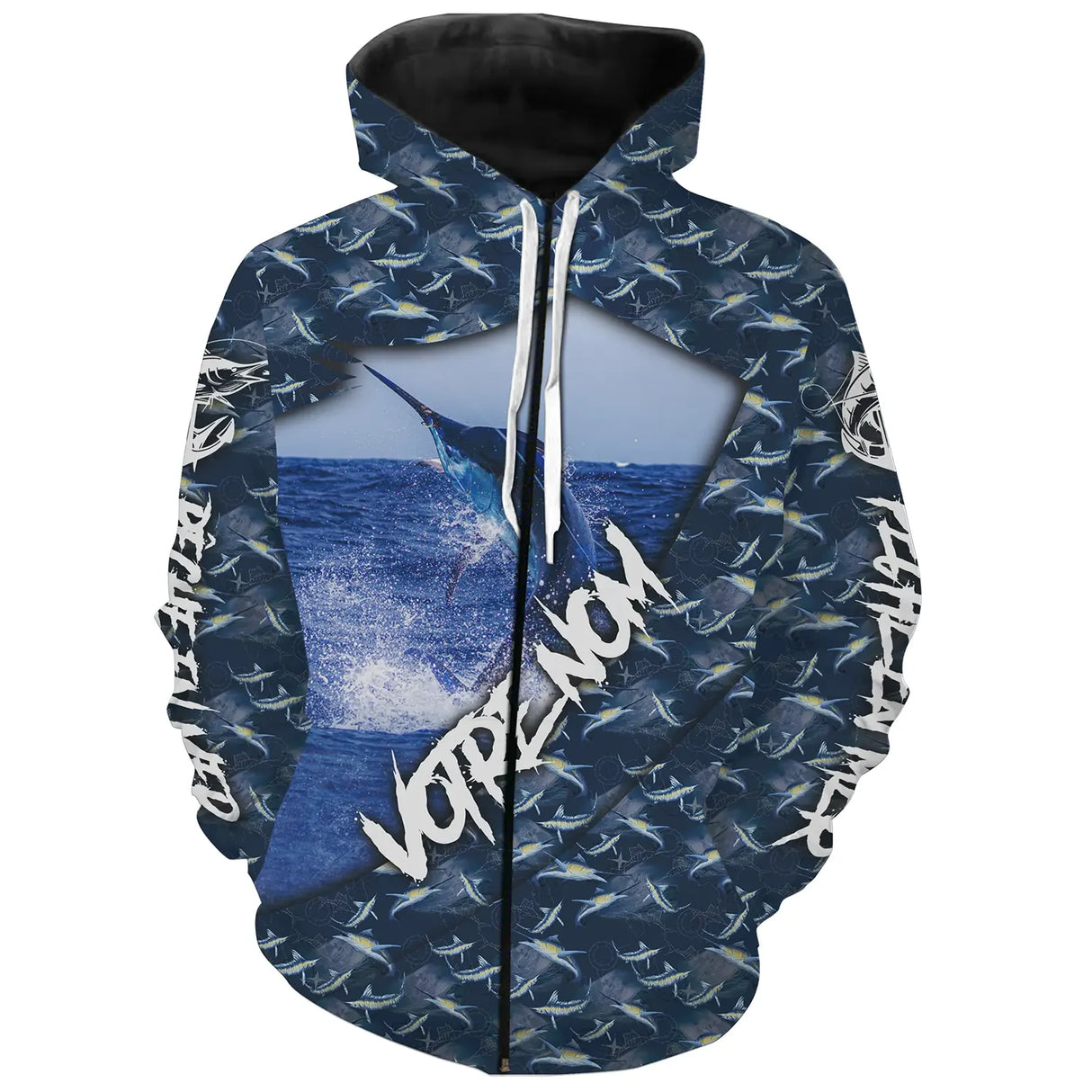 Sweat à capuche zippé all-over pêche marlin bleu prénom personnalisé big game