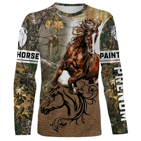 Manches longues Paint Horse camouflage forêt avec Paint Horse marron silhouette blanche all-over