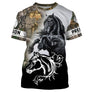 T-shirt cheval Frison personnalisé all-over camouflage forêt avec frison noir au galop et silhouette blanche
