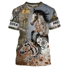T-shirt cheval Appaloosa personnalisé all-over camouflage forêt avec Appaloosa cabrée et silhouette blanche