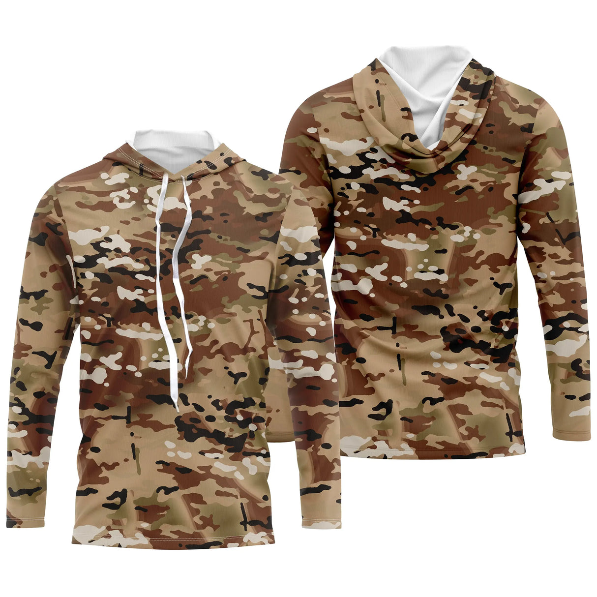 Hoodie capuche anti-UV camouflage désert brun caramel sable et tan pour pêcheurs et chasseurs