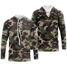 Hoodie capuche anti-UV camouflage Woodland vert kaki brun foncé et noir pour pêcheurs chasseurs