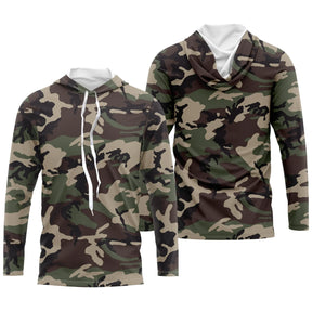 Hoodie capuche anti-UV camouflage Woodland vert kaki brun foncé et noir pour pêcheurs chasseurs