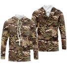 Hoodie capuche anti-UV camouflage MultiCam multi-terrain brun caramel vert olive et beige sable