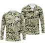 Hoodie capuche anti-UV camouflage digital pixelisé vert clair sauge avec touches roses et noires